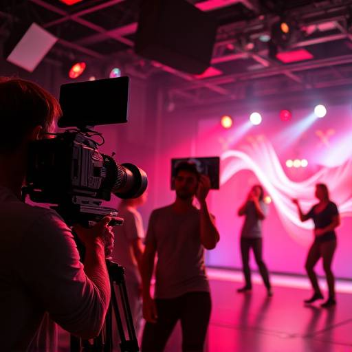 A camera crew filming a music video in a studio setting.