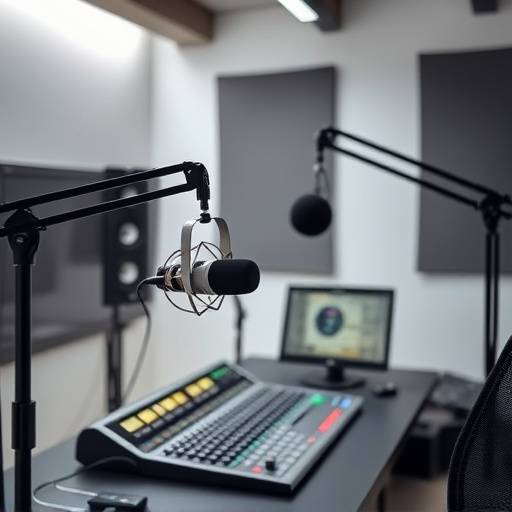 A fully equipped podcast studio with microphones and audio interface.