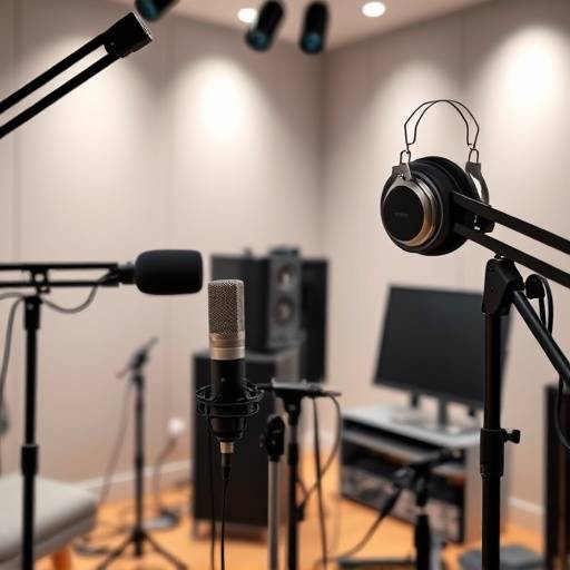 A selection of microphones, headphones, and other audio equipment available for rent.