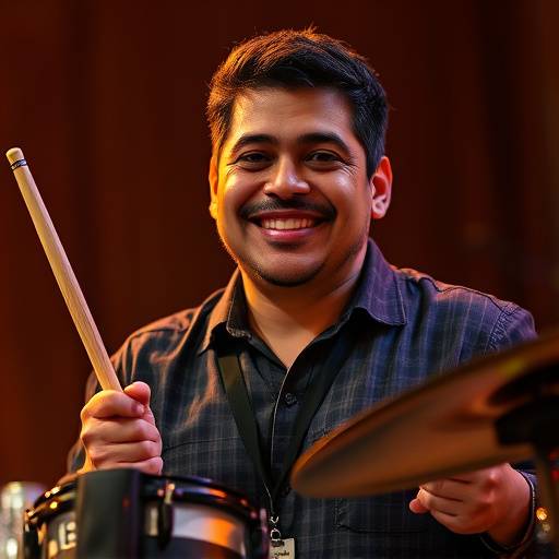 Portrait of Carlos Hernandez, a man with a friendly grin and a set of drumsticks in his hand, ready to play.