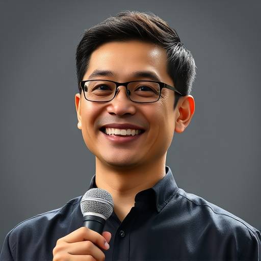 Portrait of David Nguyen, a man with a warm smile and a welcoming posture, holding a microphone.