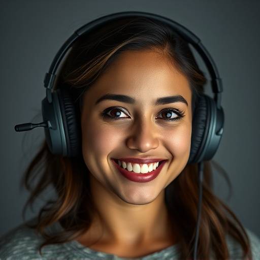 Portrait of Maya Rodriguez, a woman with a friendly expression and headphones around her neck, smiling confidently.